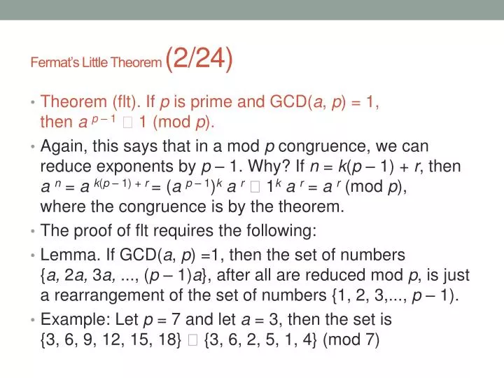 PPT - Fermat's Little Theorem (2/24) PowerPoint Presentation, free download  - ID:2321265