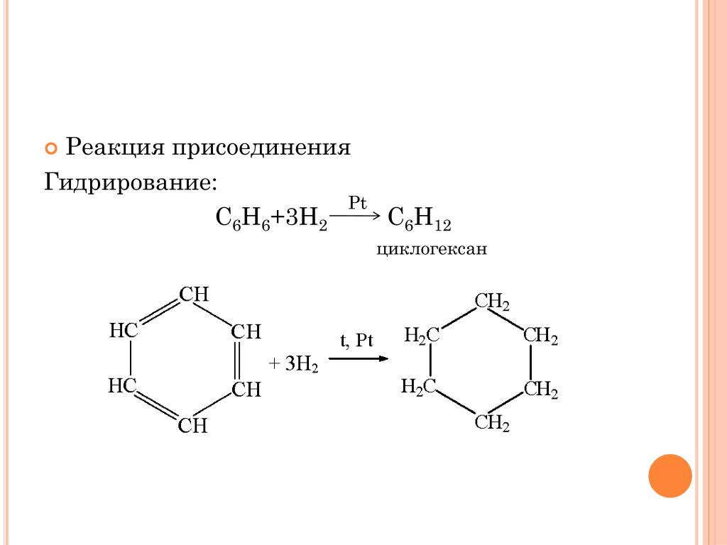 Циклогексан продукт реакции. Реакции гидрирования и присоединения хлора к бензолу.. Бензол присоединение гидрирование c6h12. C6h6 h2 реакция. Циклогексан реакция присоединения.