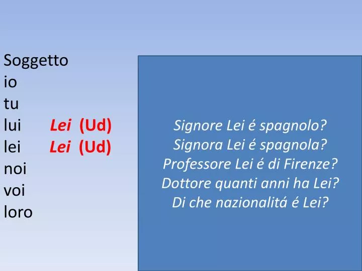 Io Tu Lui Lei Noi Voi Loro PPT - Soggetto io tu lui Lei ( Ud ) lei Lei ( Ud ) noi voi loro