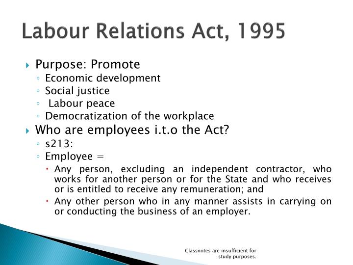 the labour relations act 1996 a Department of labour of south africa is responsible for creating a conducive working environment, working conditions, basic conditions, minimum wages, compensation of occupational injuries, employment equity, labour relations and unemployment insurance. the labour relations act 1996 a Department of labour of south africa is responsible for creating a conducive working environment, working conditions, basic conditions, minimum wages, compensation of occupational injuries, employment equity, labour relations and unemployment insurance.