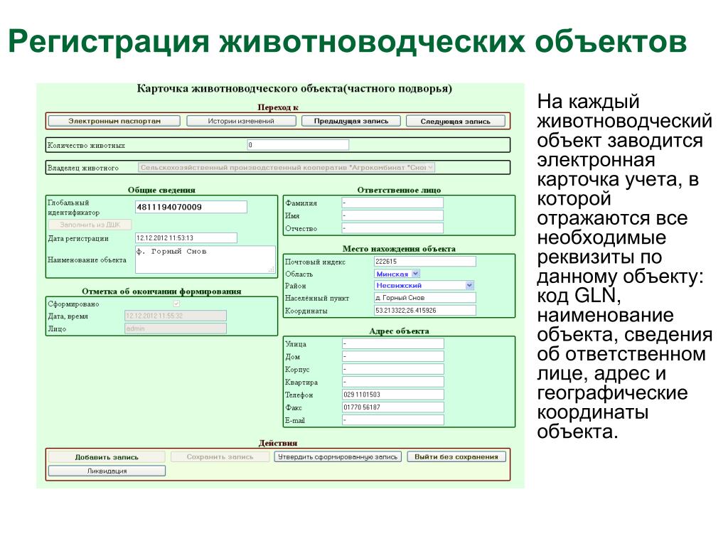 Регистрация животных. Наименование животноводческого объекта. Карточка учета животного. Электронная карточка объекта. Объекты учета в животноводстве.