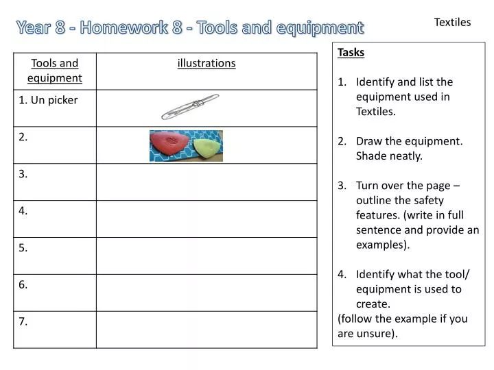 ppt tasks identify and list the equipment used in textiles draw the