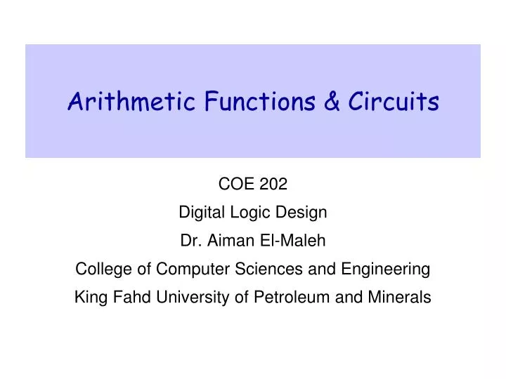 PPT - Arithmetic Functions & Circuits PowerPoint Presentation, free ...