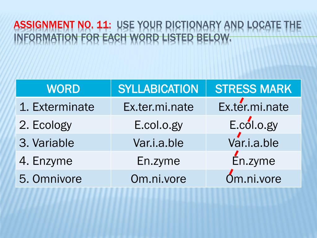 assignment dictionary sentence