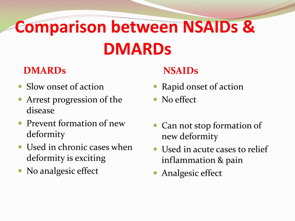 Compare between. NSAIDS. NSAIDS classifications. DMARDS. Anti inflammatory drugs classification.