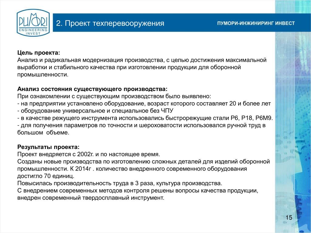 План предусматривает техническое перевооружение действующего производства