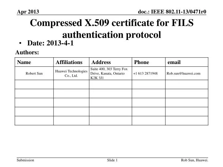 PPT Compressed X.509 certificate for FILS authentication protocol PowerPoint Presentation ID