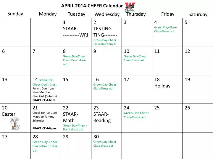 Ppt April 14 Cheer Calendar Powerpoint Presentation Free Download Id