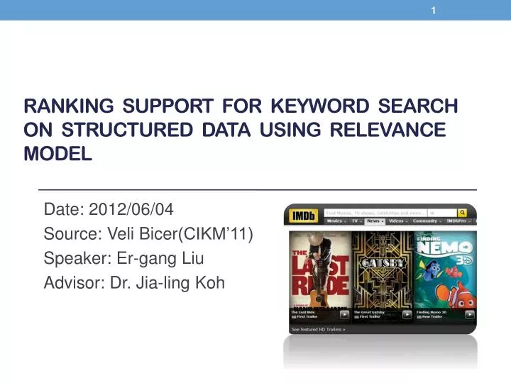 ranking support for keyword search on structured data using relevance model n.