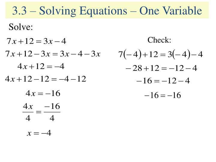 PPT - 3.3 – Solving Equations - One Variable PowerPoint Presentation ...