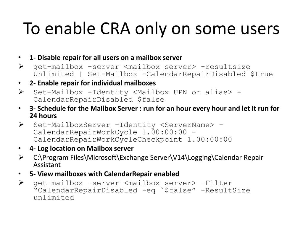 PPT Enabling automatic Calendar Repairs in Exchange Server 2010 SP1