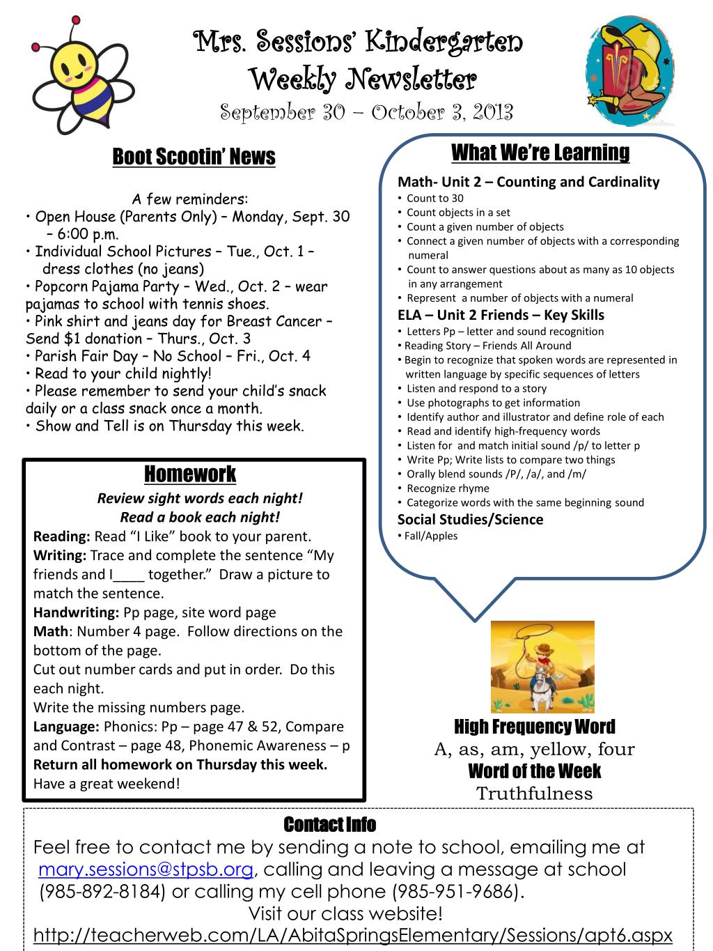 PPT - Mrs. Sessions’ Kindergarten Weekly Newsletter September 30 ...