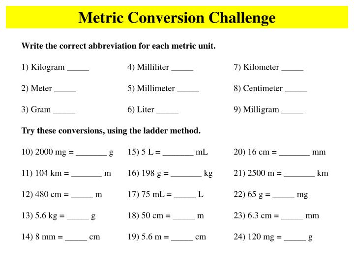 PPT - Write the correct abbreviation for each metric unit. PowerPoint