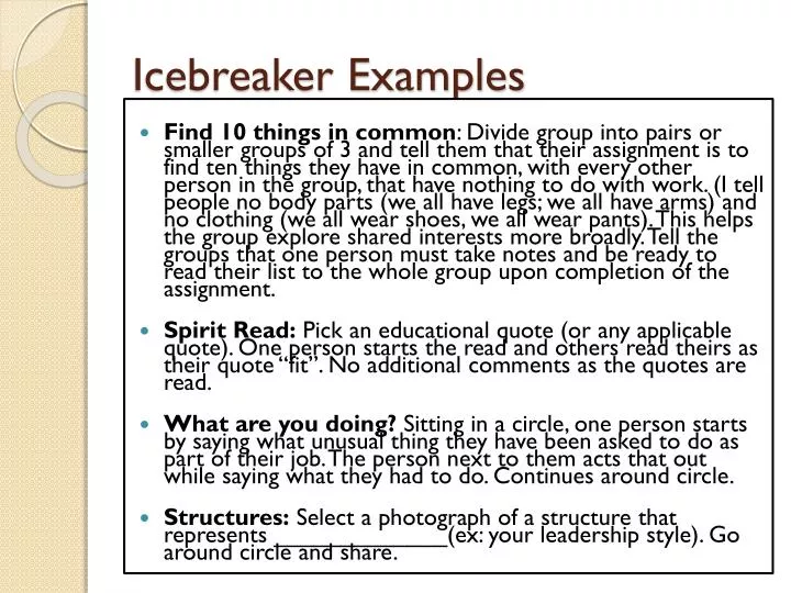 PPT - Icebreaker Examples PowerPoint Presentation, free download - ID