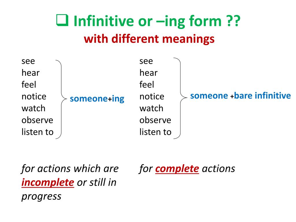 See hear feel. Infinitive ing forms. Инфинитив ing form. Ing to Infinitive правило. Глаголы to Infinitive.