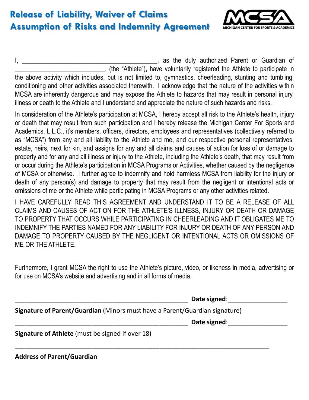 PPT - Liability Waiver and Indemnity Agreement for Athlete ...