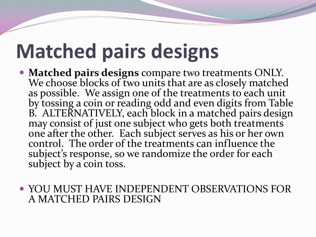 Match the subject. Matched pairs Design. Matched. Matched pair.