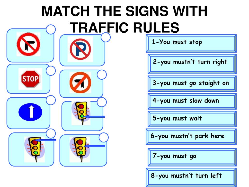 Match the words 1 traffic. Дорожные знаки на английском. Задание на must mustn''t. Правила дорожного движения на английском языке. Must mustn't правило.