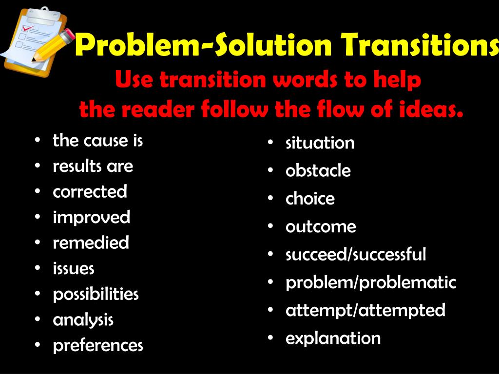 transition words for problem and solution essay