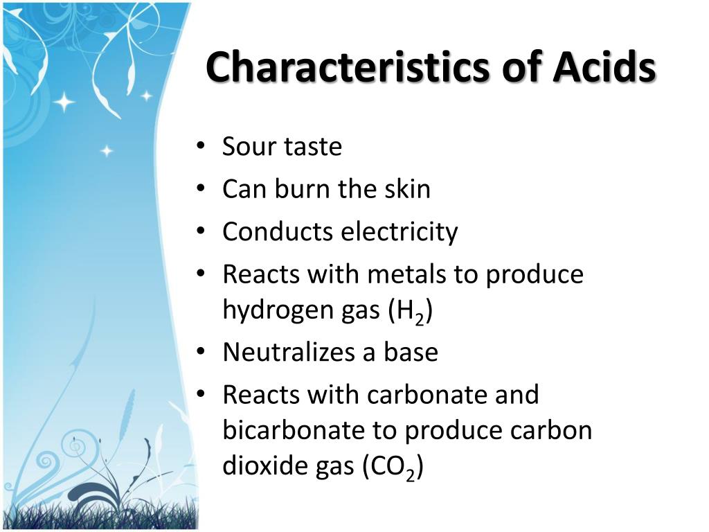 what are 5 characteristics of acids and bases