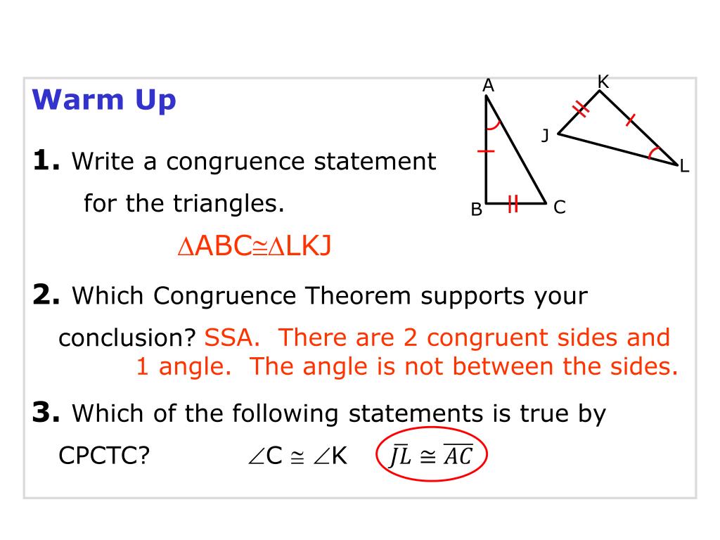 PPT - Warm Up 9. Write a congruence statement for the triangles