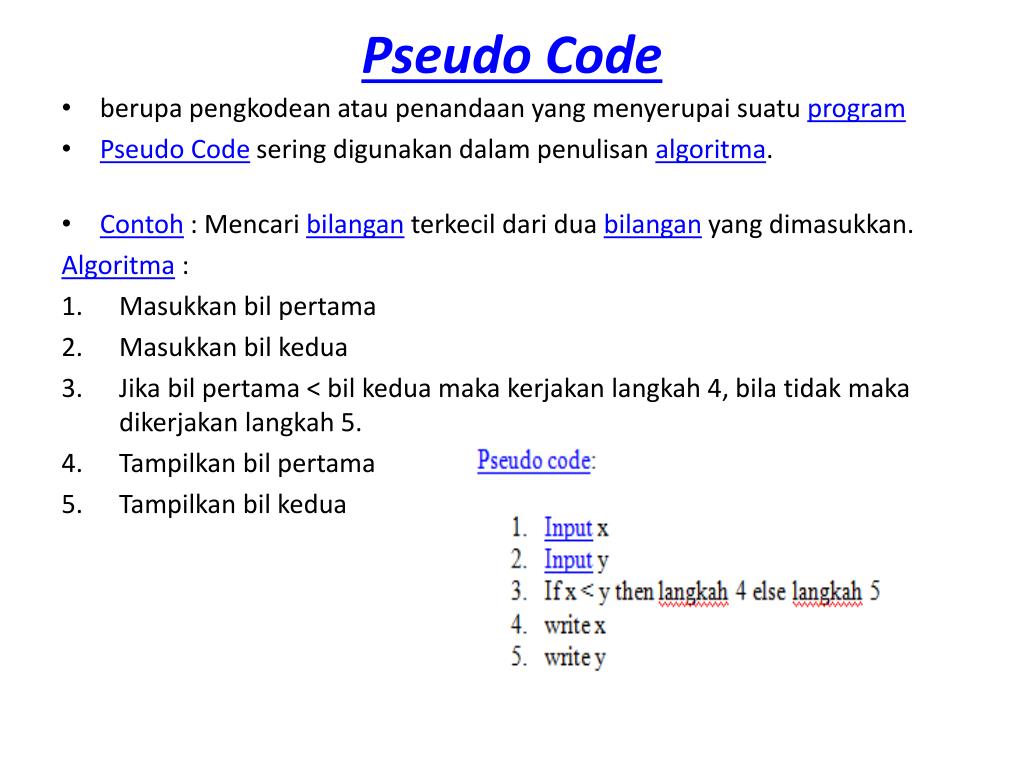 Pseudocode yang digunakan pada penulisan algoritma dapat berupa