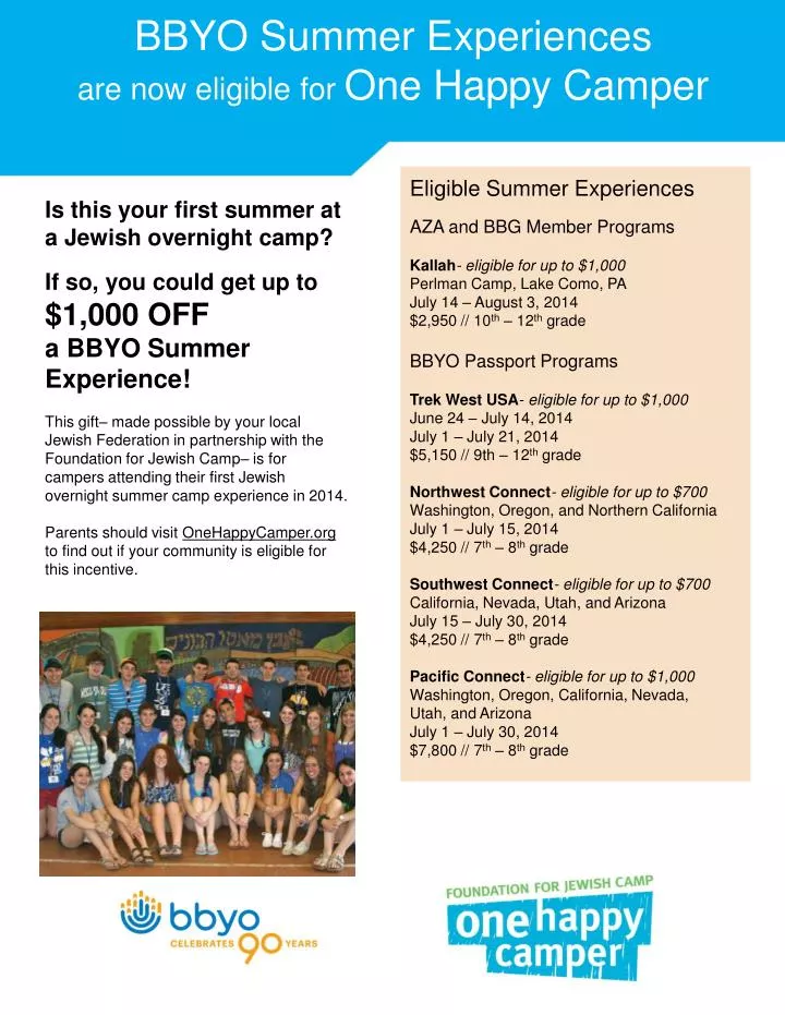 PPT BBYO Summer Experiences are now eligible for One Happy Camper