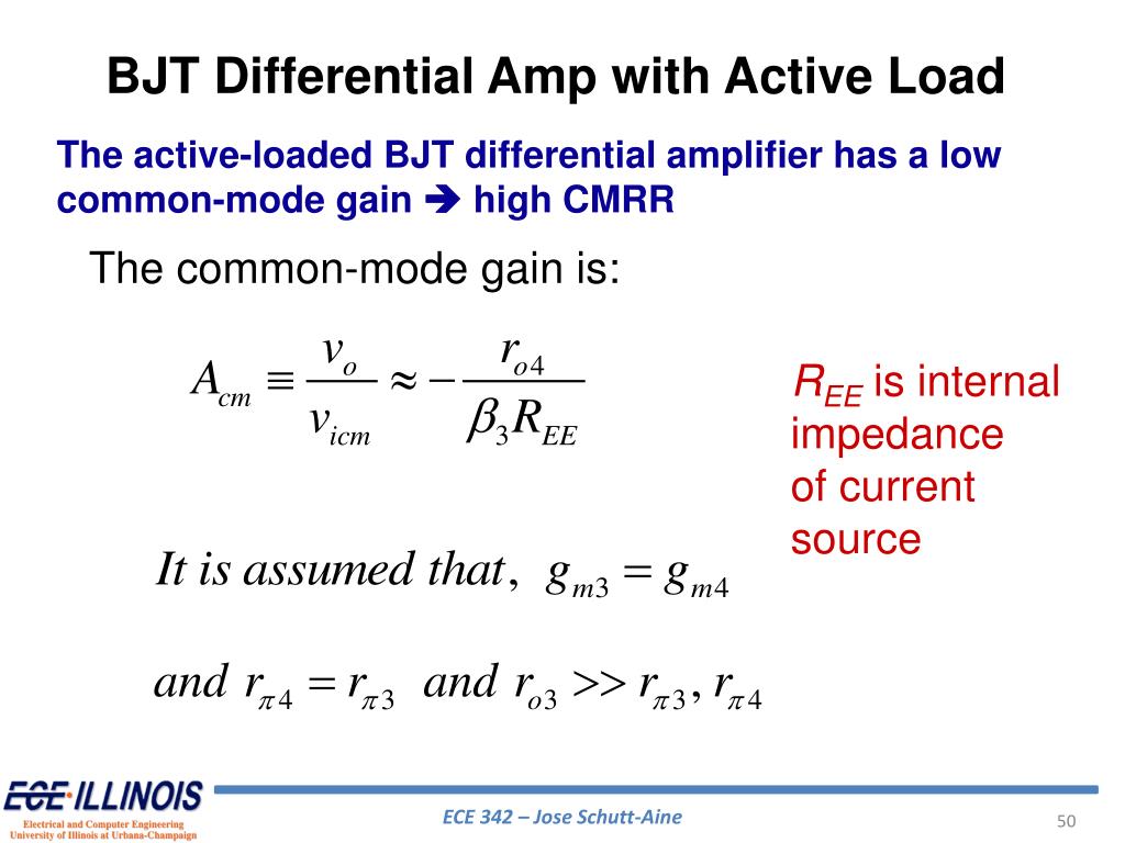Active load. BJT Differential Amplifier. Common Mode and Differential Impedance Inductor. Common Mode gain Formula. Common Mode rejection ratio.