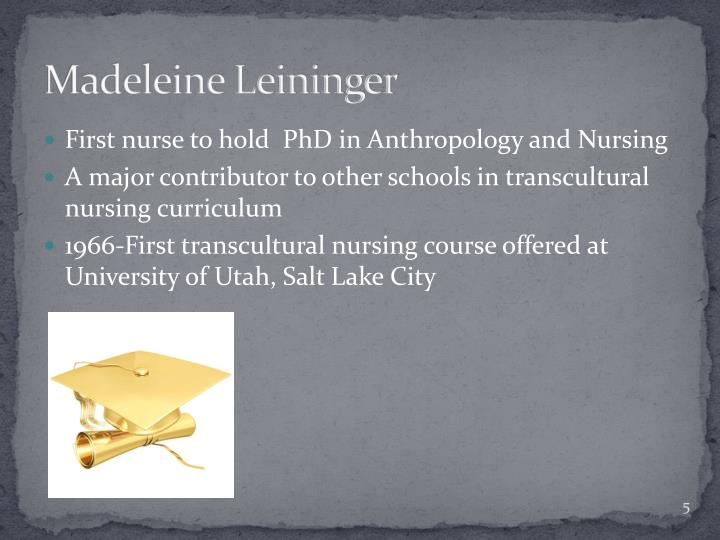 madeleine leininger Madeleine leininger: dr madeleine leininger was a remarkable woman who was one of the early nursing theorists and the first to introduce the concept of transcultural nursing. madeleine leininger Madeleine leininger: dr madeleine leininger was a remarkable woman who was one of the early nursing theorists and the first to introduce the concept of transcultural nursing.