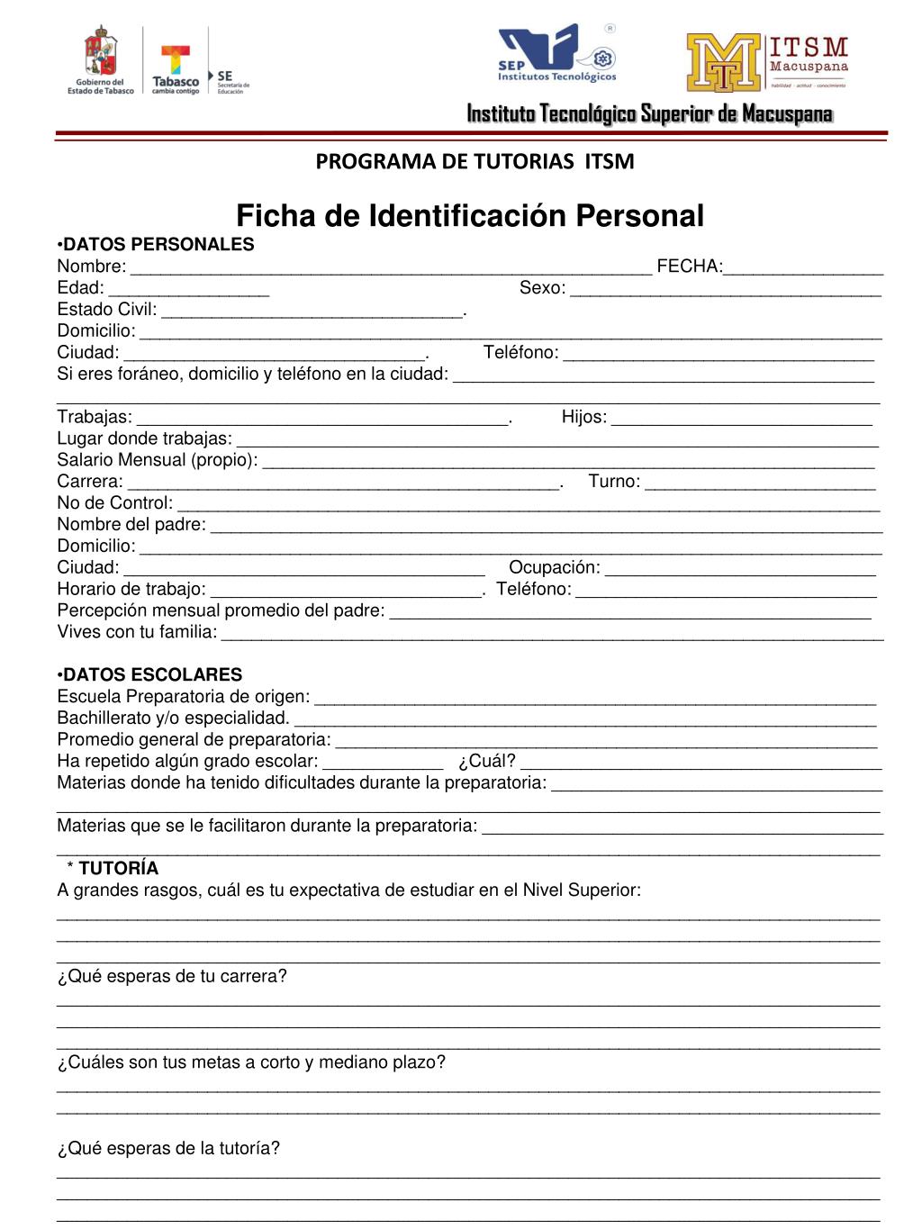 PPT - Ficha de Identificación Personal DATOS PERSONALES PowerPoint  Presentation - ID:2932210