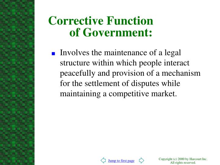 functions of the government Government has six functions: 1 foreign relations - diplomacy and defense 2 develop business strength - incubate small business, special research and development, such as space research, job training, unemployment insurance and more 3 protect and regulate the sustainable use of natural resources. functions of the government Government has six functions: 1 foreign relations - diplomacy and defense 2 develop business strength - incubate small business, special research and development, such as space research, job training, unemployment insurance and more 3 protect and regulate the sustainable use of natural resources.