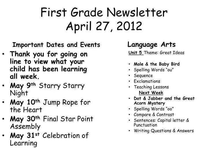 first grade newsletter april 27 2012 n.