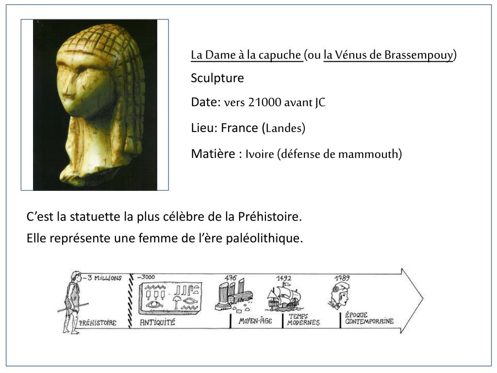 PPT - La Dame à la capuche (ou la Vénus de Brassempouy ) Sculpture Date:  vers 21000 avant JC PowerPoint Presentation - ID:3097195