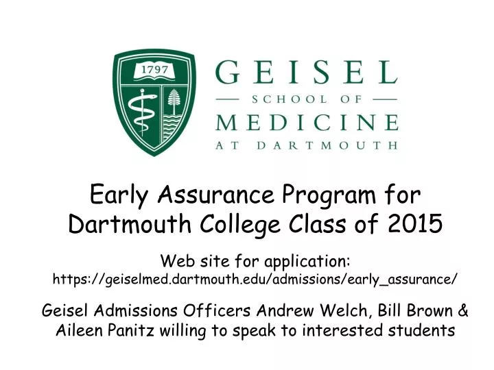 Ppt Early Assurance Program For Dartmouth College Class Of 2015