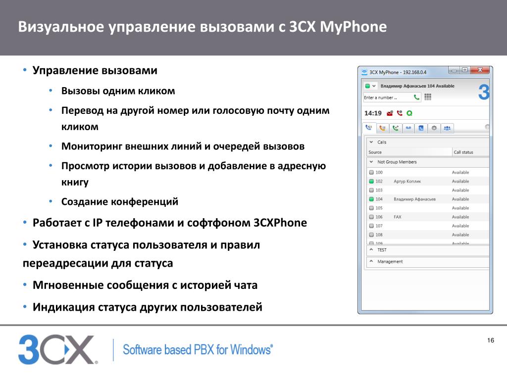 Установите состояние. Визуальное управление. Управление звонками. Управление вызовами. 3cx презентация.