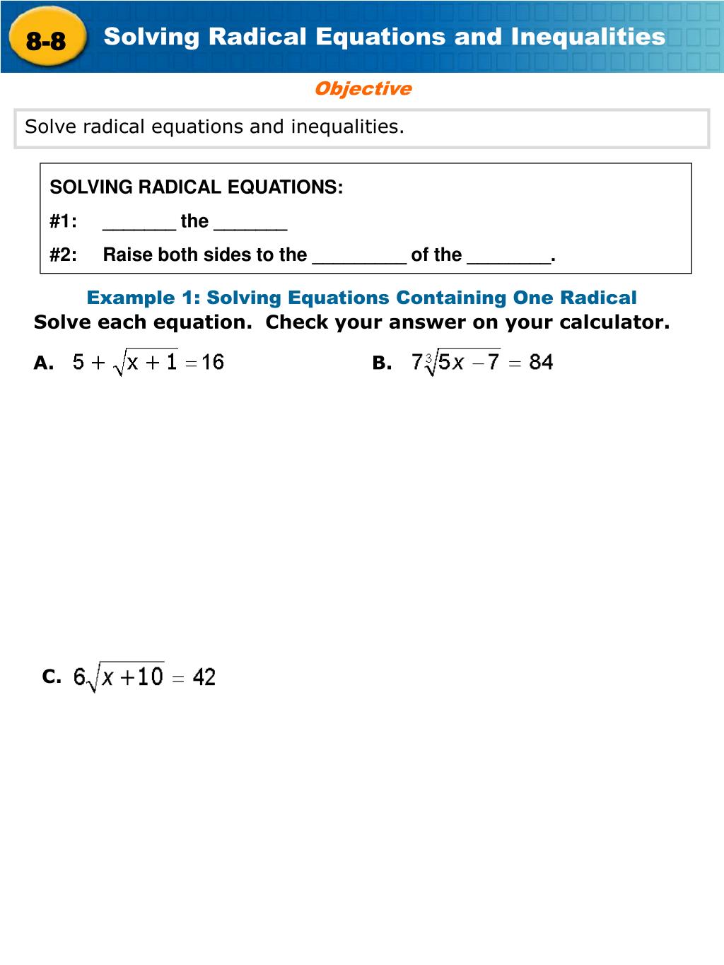 Solving radical sale equations calculator