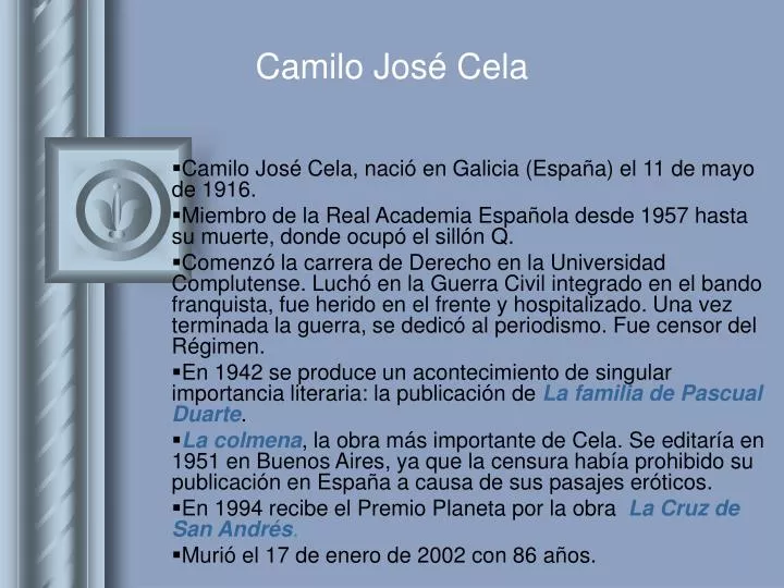 PPT - Camilo José Cela PowerPoint Presentation, free download - ID:3114158