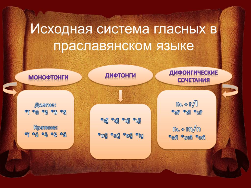 Праславянский. Гласные в старославянском языке. Происхождение гласных старославянского языка. Система гласных праславянского языка. Гласные в древнерусском языке.