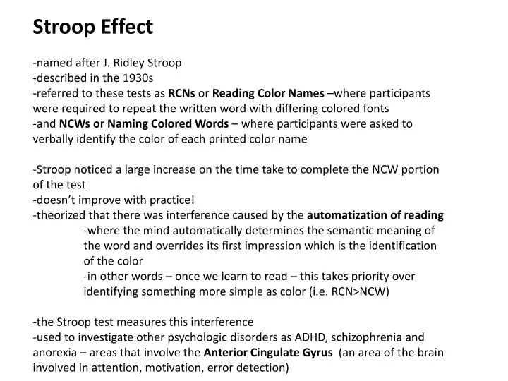 PPT - Stroop Effect -named after J. Ridley Stroop -described in the 1930s  PowerPoint Presentation - ID:3136038