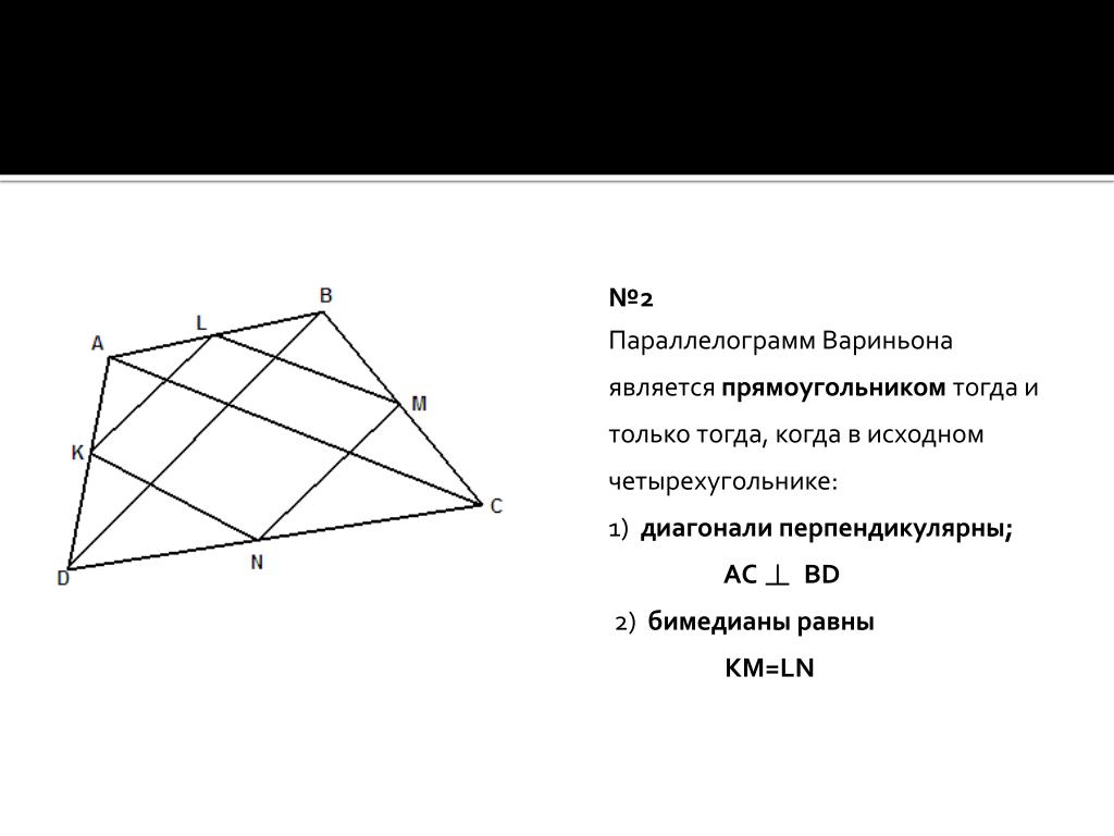 Каждая из диагоналей четырехугольника. Следствия из теоремы Вариньона. Площадь параллелограмма Вариньона. Теорема Вариньона параллелограмм. Площадь параллелограмма Вариньона доказательство.