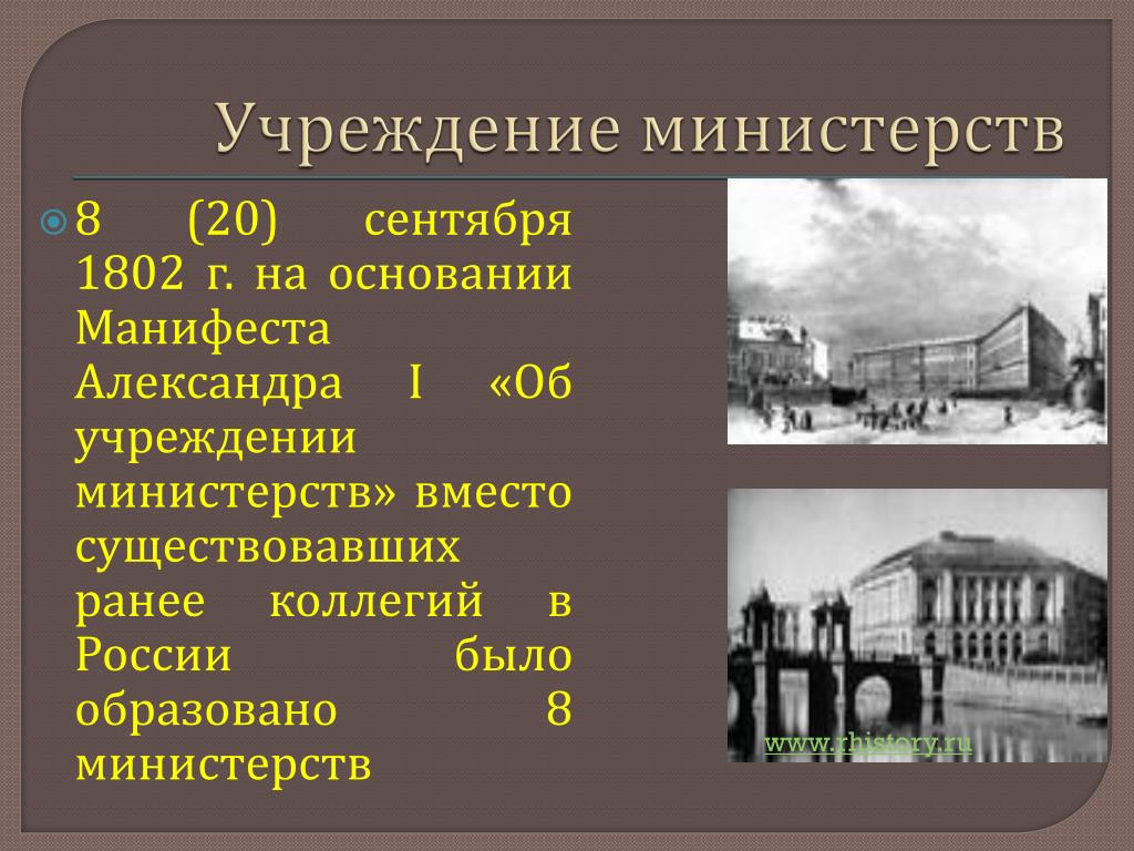Г учреждение министерств в россии. Министерская реформа 1802 года.
