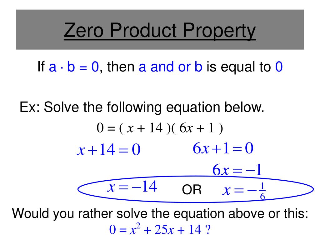 solving quadratic equations zero product property assignment