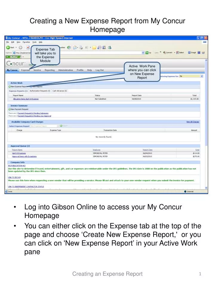 ppt creating a new expense report from my concur homepage how to prepare an expense report