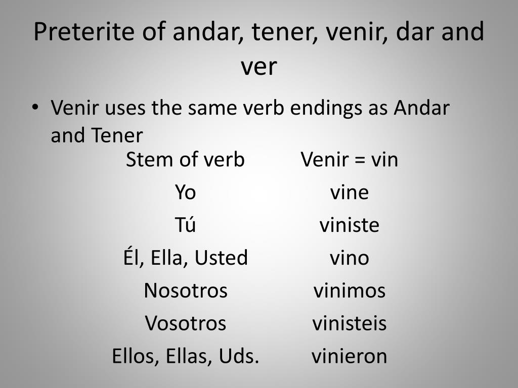 Preterite of andar, tener, venir, dar and ver.