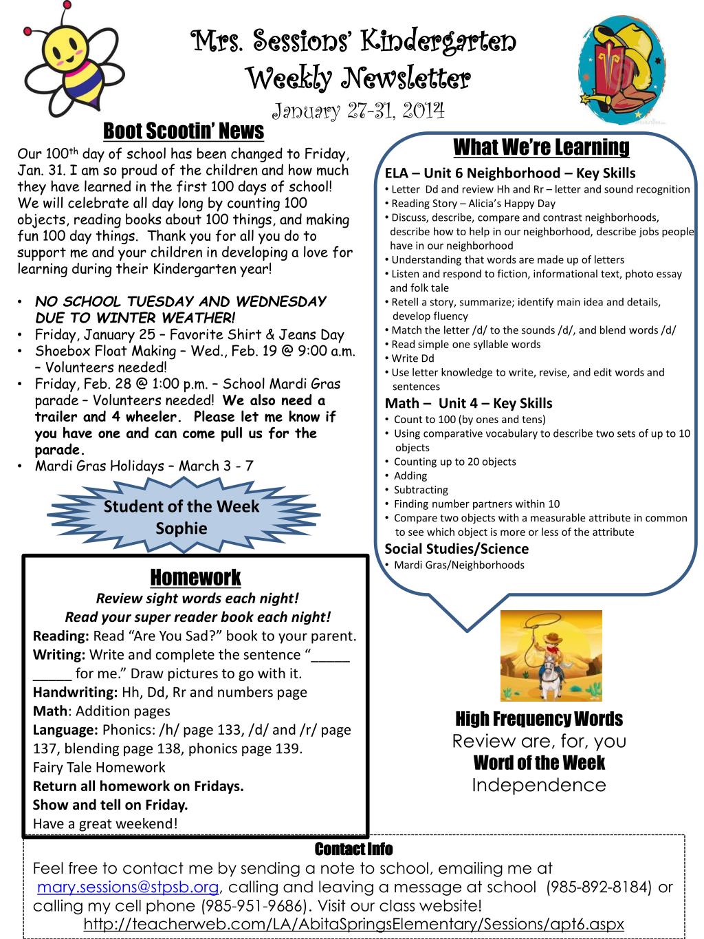 PPT - Mrs. Sessions’ Kindergarten Weekly Newsletter January 27-31 ...