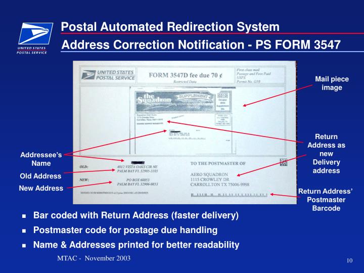 ppt postal automated redirection system pars john keegan manager form 3547