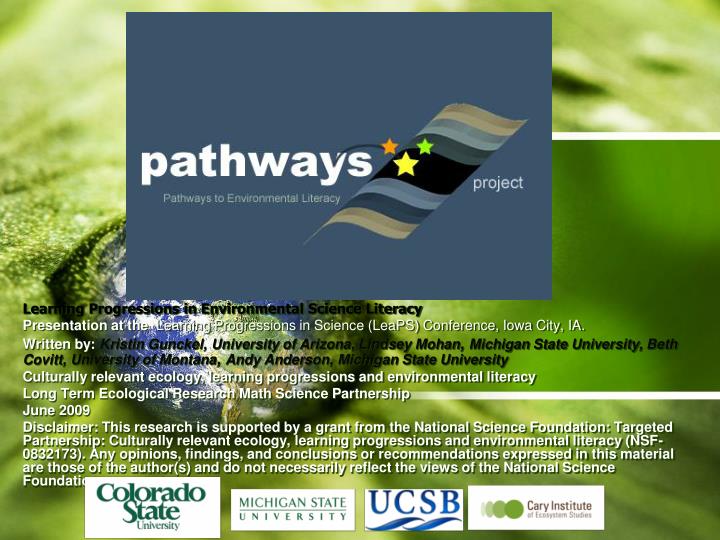PPT - Learning Progressions in Environmental Science Literacy ...