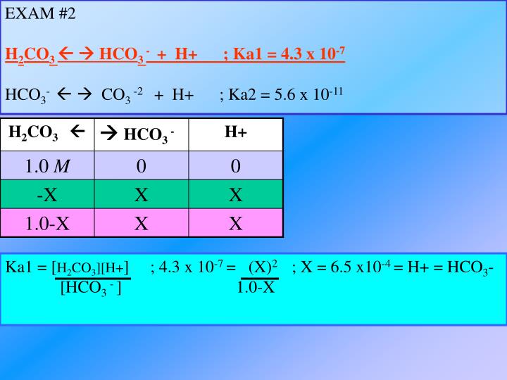 PPT - EXAM #2 H 2 CO 3 HCO 3 - + H+ ; Ka1 = 4.3 x 10 -7 PowerPoint ...