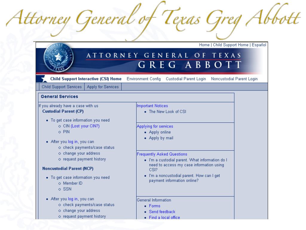 Texas attorney general custodial parent log on sale in