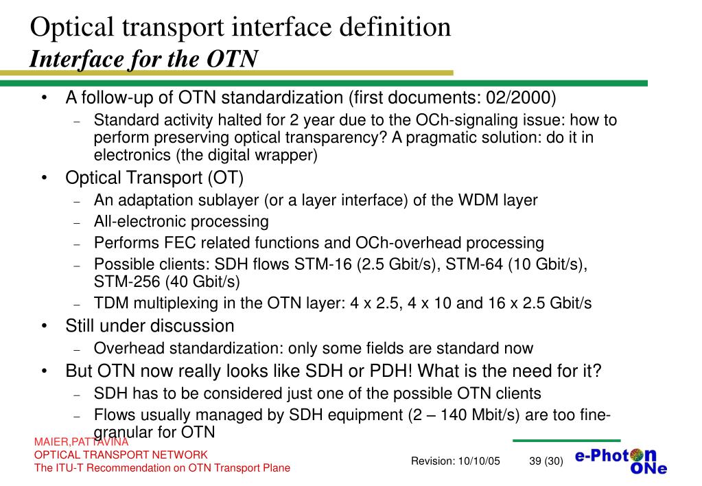 PPT Optical Transport Network The ITUT on OTN